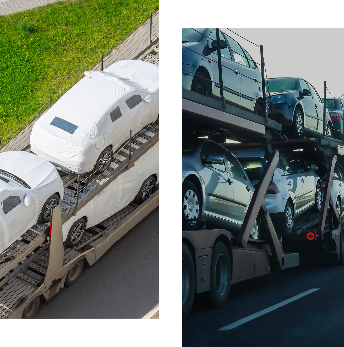 Cars transported on two different car carriers.
